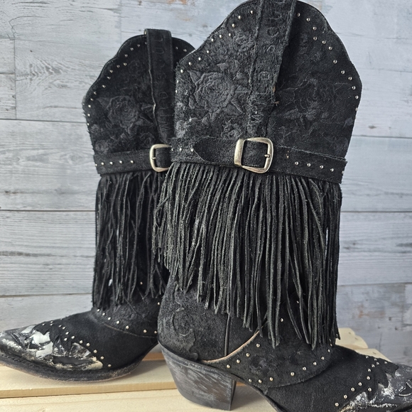 Dan Post Mid Calf Suede Leather Fringe Western Black Boots Size 6 - Picture 10 of 16